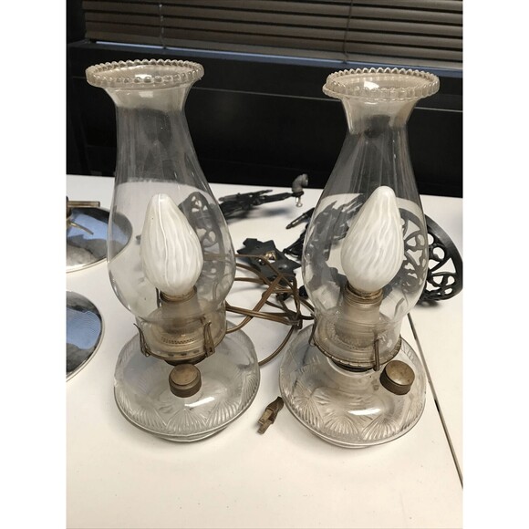 Antique Cast Iron Double Wall Mount Oil Lamp Bracket with two Oil Lamps And Plug - Picture 1 of 14